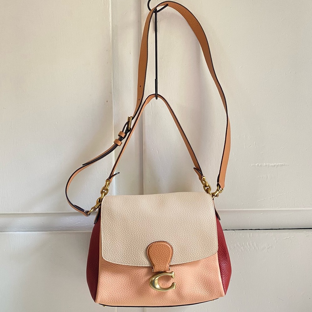 Coach May Shoulder Bag Cream Peach Rich Red Brass Pebbled Leather EUC